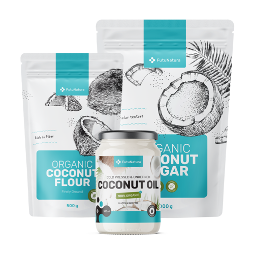 Cocco dolce: zucchero di cocco + olio di cocco + farina di cocco, kit
