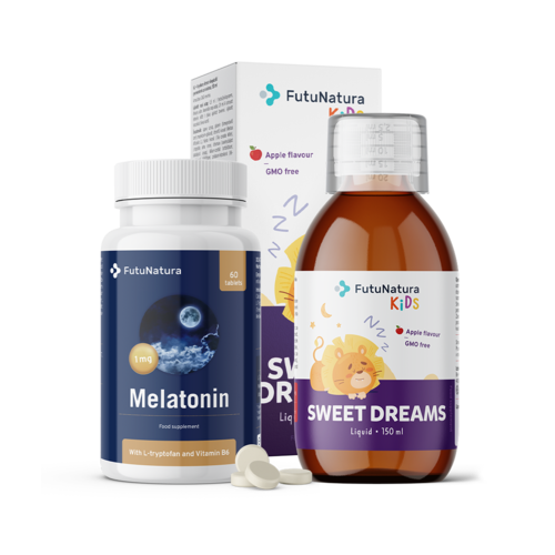 Notte tranquilla: melatonina + integratore in forma liquida per bambini, kit