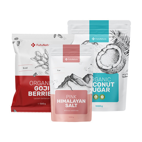 Kit culinario: bacche di goji + zucchero di cocco + sale dell'Himalaya, kit