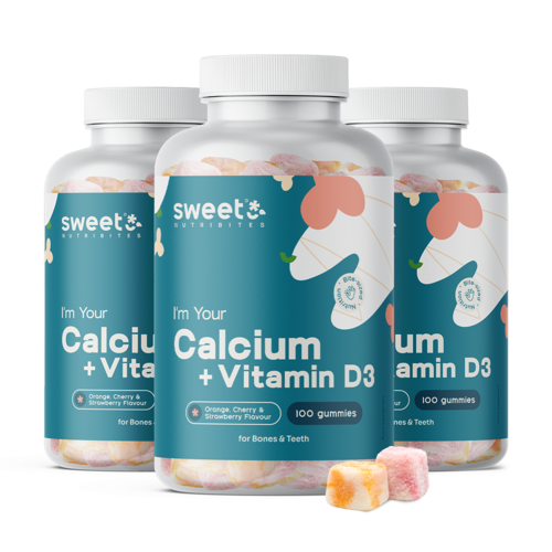 3x Calcio + vitamina D3 – caramelle gommose per muscoli, ossa e denti, totale 300 caramelle gommose